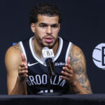 Sep 23, 2025; Brooklyn, NY, USA; Brooklyn Nets forward Michael Porter Jr. (17) speaks at Media Day.