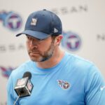 Tennessee Titans coach Brian Callahan takes questions after their 41-20 loss against the Indianapolis Colts at Nissan Stadium in Nashville, Tenn., Sunday, Sept. 21, 2025.