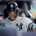 Sep 24, 2025; Bronx, New York, USA; New York Yankees right fielder Aaron Judge (99) celebrates his solo home run against the Chicago White Sox with teammates in the dugout during the eighth inning at Yankee Stadium. Mandatory Credit: Brad Penner-Imagn Images