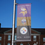 Sep 25, 2025; Dublin, Ireland; A street banner promoting the 2025 NFL Dublin Game between the Minnesota Vikings and Pittsburgh Steelers. Mandatory Credit: Kirby Lee-Imagn Images