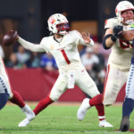 Sep 25, 2025; Glendale, Arizona, USA; Arizona Cardinals quarterback Kyler Murray (1) passes against the Seattle Seahawks in the third quarter at State Farm Stadium. Mandatory Credit: Mark J. Rebilas-Imagn Images