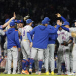 Sep 25, 2025; Chicago, Illinois, USA; The New York Mets celebrate their win against the Chicago Cubs at Wrigley Field. Mandatory Credit: David Banks-Imagn Images
