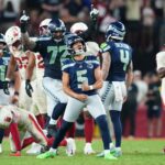 Sep 25, 2025; Glendale, Arizona, USA; Seattle Seahawks place kicker Jason Myers (5) celebrates after kicking a game-winning field goal against the Arizona Cardinals at State Farm Stadium.