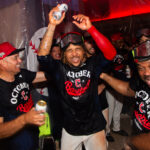 Sep 27, 2025; Cleveland, Ohio, USA; Cleveland Guardians third baseman Jose Ramirez (11) celebrates after the Guardians beat the Texas Rangers and clinched a playoff berth at Progressive Field.