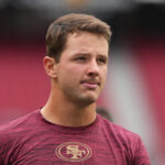 Sep 28, 2025; Santa Clara, California, USA; San Francisco 49ers quarterback Brock Purdy (13) before the game against the Jacksonville Jaguars at Levi's Stadium. Mandatory Credit: Darren Yamashita-Imagn Images