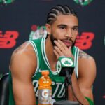 Sep 29, 2025; Boston, MA, USA;Boston Celtics forward Jayson Tatum (0) talks with reporters during media day at the Auerbach Center. Mandatory Credit: David Butler II-Imagn Images
