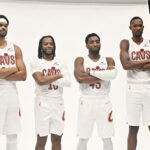 Sep 29, 2025; Cleveland, OH, USA; Cleveland Cavaliers center Jarrett Allen (31) and guard Darius Garland (10) and guard Donovan Mitchell (45) and forward Evan Mobley (4) poses for a photo during media day at Rocket Arena.