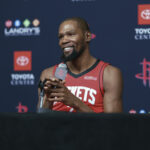 Sep 29, 2025; Houston, TX, USA; Houston Rockets forward Kevin Durant (7) talks to media during Houston Rockets media day at Toyota Center. Mandatory Credit: Troy Taormina-Imagn Images