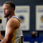 Sep 29, 2025; San Francisco, CA, USA; Golden State Warriors guard Stephen Curry (30) is interviewed during Media Day at the Chase Center.