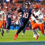 Denver Broncos quarterback Bo Nix (10) runs into the end zone for a touchdown in the first quarter of the NFL Week 4 Monday Night Football game between the Denver Broncos and the Cincinnati Bengals at Empower Field at Mile High in Denver on Monday, Sept. 29, 2025.