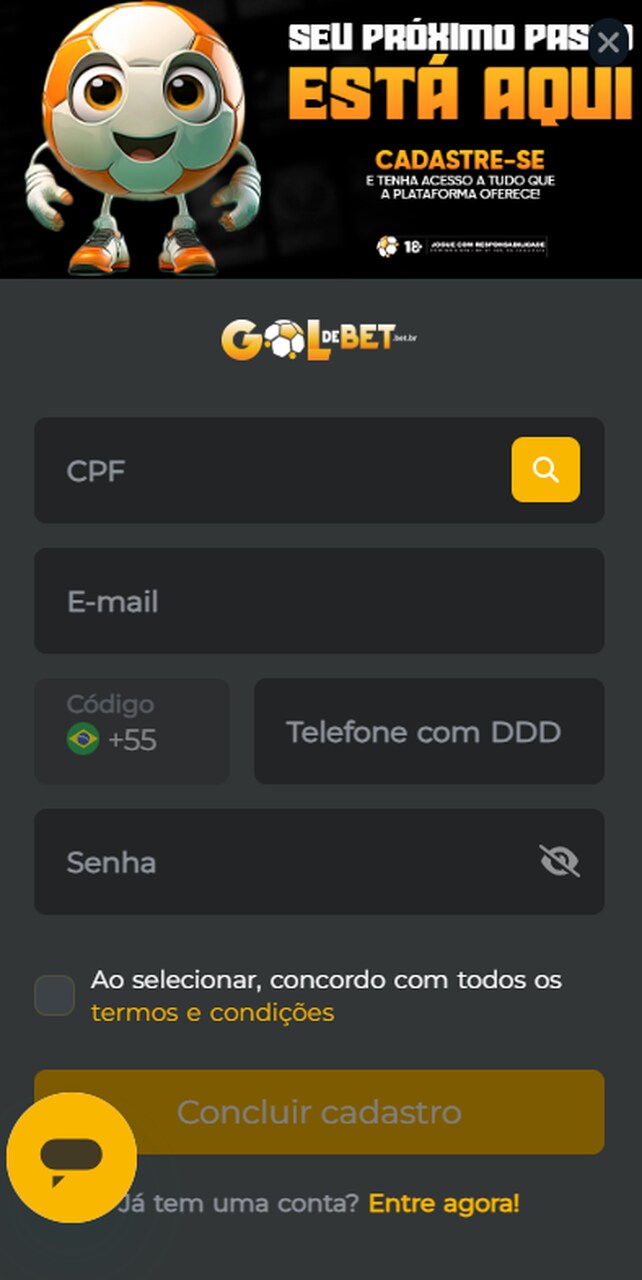 Tela de cadastro da GoldeBet Apostas
