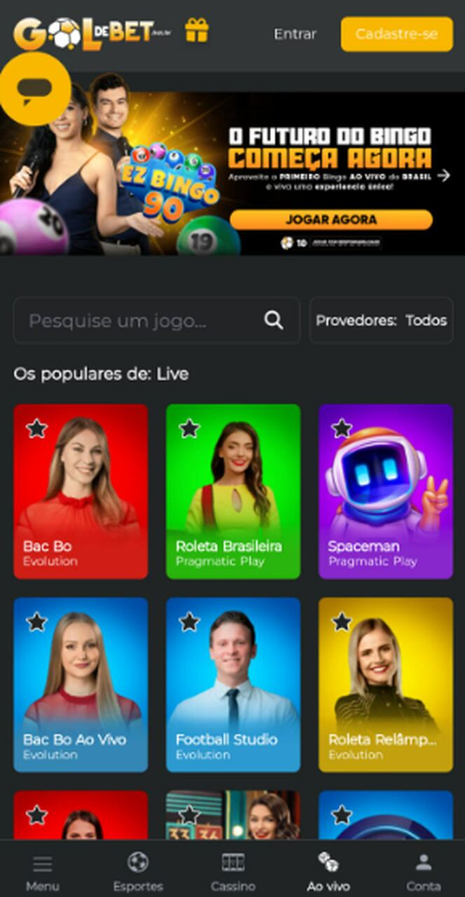 Opções de jogos ao vivo na GoldeBet