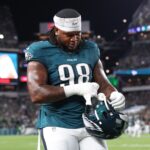 Sep 4, 2025; Philadelphia, Pennsylvania, USA; Philadelphia Eagles defensive tackle Jalen Carter (98) walks off the field after being ejected during the first quarter of the game against the Dallas Cowboys at Lincoln Financial Field.