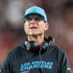 August 23, 2025; Santa Clara, California, USA; Los Angeles Chargers head coach Jim Harbaugh (hc) during the third quarter against the San Francisco 49ers at Levi's Stadium.