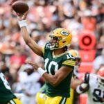 Aug 10, 2024; Cleveland, Ohio, USA; Green Bay Packers quarterback Jordan Love (10) throws a pass during the first quarter against the Cleveland Browns at Cleveland Browns Stadium.