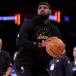 Feb 1, 2025; New York, New York, USA; Los Angeles Lakers forward LeBron James (23) warms up before a game against the New York Knicks at Madison Square Garden.