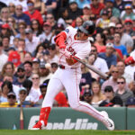 Sep 1, 2025; Boston, Massachusetts, USA; Boston Red Sox right fielder Roman Anthony (19) hits a single against the Cleveland Guardians during the second inning at Fenway