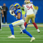 Oct 2, 2025; Inglewood, California, USA; Los Angeles Rams wide receiver Puka Nacua (12) makes a catch against the San Francisco 49ers during the first half at SoFi Stadium. Mandatory Credit: Kirby Lee-Imagn Images