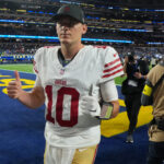 Oct 2, 2025; Inglewood, California, USA; San Francisco 49ers quarterback Mac Jones (10) reacts after the game against the Los Angeles Rams at SoFi Stadium. Mandatory Credit: Kirby Lee-Imagn Images