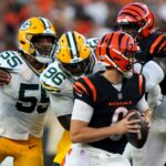 Bengals Packers Cincinnati Bengals quarterback Jake Browning (6) escapes pressure rom Green Bay Packers linebacker Kingsley Enagbare (55) and Green Bay Packers defensive tackle Colby Wooden (96) in the second quarter during a Week 1 NFL preseason game between the Green Bay Packers and the Cincinnati Bengals,Friday, Aug. 11, 2023, at Paycor Stadium in Cincinnati.