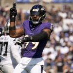 Sep 15, 2024; Baltimore, Maryland, USA; Baltimore Ravens linebacker Odafe Oweh (99) celebrate4s after sacking Las Vegas Raiders quarterback Gardner Minshew (15) during the first quarter at M&T Bank Stadium.