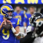 Dec 5, 2021; Inglewood, California, USA; Los Angeles Rams quarterback Matthew Stafford (9) looks to pass in the fourth quarter against the Jacksonville Jaguars at SoFi Stadium.