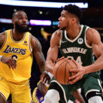 Feb 8, 2022; Los Angeles, California, USA; Milwaukee Bucks forward Giannis Antetokounmpo (34) moves the ball against Los Angeles Lakers forward LeBron James (6) during the second half at Crypto.com Arena.