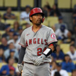 Jun 15, 2022; Los Angeles, California, USA; Los Angeles Angels catcher Kurt Suzuki (24) reacts after striking out in the second inning against the Los Angeles Dodgers at Dodger Stadium. Mandatory Credit: Richard Mackson-USA TODAY Sports