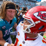 Sep 17, 2023; Jacksonville, Florida, USA; NFL; Jacksonville Jaguars quarterback Trevor Lawrence (16) greets Kansas City Chiefs quarterback Patrick Mahomes (15) after a game at EverBank Stadium.