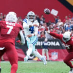 Onde assistir NFL Sep 24, 2023; Glendale, Arizona, USA; Dallas Cowboys quarterback Dak Prescott (4) throws while being chased by Arizona Cardinals defensive end Jonathan Ledbetter (93) during the first half at State Farm Stadium. Mandatory Credit: Joe Camporeale-USA TODAY Sports