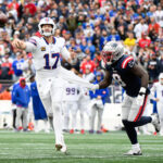 Oct 22, 2023; Foxborough, Massachusetts, USA; NFL; New England Patriots linebacker Ja'Whaun Bentley (8) pressures Buffalo Bills quarterback Josh Allen (17) during the second half at Gillette Stadium.
