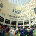 Mar 28, 2024; St. Petersburg, Florida, USA; Fans enter the gates for opening day prior to opening day between the Tampa Bay Rays and Toronto Blue Jays at Tropicana Field. Mandatory Credit: Kim Klement Neitzel-USA TODAY Sports