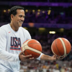 Jul 28, 2024; Villeneuve-d'Ascq, France; USA basketball assistant coach Erik Spoelstra before a game against Serbia during the Paris 2024 Olympic Summer Games at Stade Pierre-Mauroy.