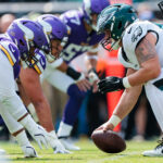 Aug 24, 2024; Philadelphia, Pennsylvania, USA; NFL; Philadelphia Eagles center Dylan McMahon (63) snaps the ball against the Minnesota Vikings during the fourth quarter at Lincoln Financial Field.
