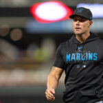 Sep 26, 2024; Minneapolis, Minnesota, USA; Miami Marlins manager Skip Schumaker (45) walks back to the dugout in the seventh inning at Target Field. Mandatory Credit: Matt Blewett-Imagn Images