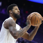 Feb 24, 2025; Philadelphia, Pennsylvania, USA; Philadelphia 76ers forward Paul George before a game against the Chicago Bulls at Wells Fargo Center. Mandatory Credit: Bill Streicher-Imagn Images