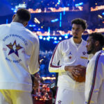 February 16, 2025; San Francisco, CA, USA; Chuck’s Global Stars forward Giannis Antetokounmpo (34, left) of the Milwaukee Bucks, Chuck’s Global Stars forward Victor Wembanyama (1, center) of the San Antonio Spurs, and Chuck’s Global Stars guard Donovan Mitchell (45, right) of the Cleveland Cavaliers talk before the 2025 NBA All Star Game at Chase Center.