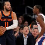 Feb 26, 2025; New York, New York, USA; New York Knicks guard Jalen Brunson (11) looks to in bound the ball against Philadelphia 76ers guard Tyrese Maxey (0) during the fourth quarter at Madison Square Garden.