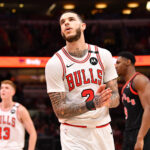 Feb 28, 2025; Chicago, Illinois, USA; Chicago Bulls guard Lonzo Ball (2) reacts during a game against the Toronto Raptors at the United Center.