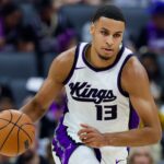 Mar 17, 2025; Sacramento, California, USA; Sacramento Kings forward Keegan Murray (13) dribbles against the Portland Trail Blazers during the first quarter at Golden 1 Center.
