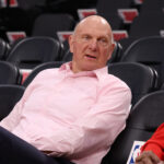 Apr 5, 2025; Inglewood, California, USA; Los Angeles Clippers owner Steve Ballmer sits courtside before the game against the Dallas Mavericks at Intuit Dome. Mandatory Credit: Kiyoshi Mio-Imagn Images