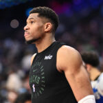 Apr 3, 2025; Philadelphia, Pennsylvania, USA; Milwaukee Bucks forward Giannis Antetokounmpo (34) looks on before the third quarter against the Philadelphia 76ers at Wells Fargo Center. Mandatory Credit: Kyle Ross-Imagn Images