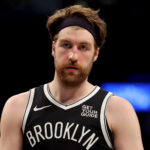 Apr 10, 2025; Brooklyn, New York, USA; Brooklyn Nets forward Drew Timme (26) reacts during the third quarter against the Atlanta Hawks at Barclays Center. Mandatory Credit: Brad Penner-Imagn Images