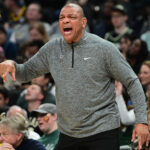 Apr 27, 2025; Milwaukee, Wisconsin, USA; Milwaukee Bucks head coach Doc Rivers reacts in the third quarter against the Indiana Pacers during game four of first round for the 2024 NBA Playoffs at Fiserv Forum. Mandatory Credit: Benny Sieu-Imagn Images