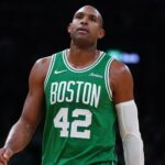May 7, 2025; Boston, Massachusetts, USA; Boston Celtics center Al Horford (42) returns up court against the New York Knicks in the fourth quarter during game two of the second round for the 2025 NBA Playoffs at TD Garden.