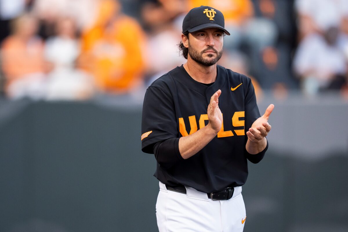 Tennessee head coach Tony Vitello during a college baseball game between Tennessee and Vanderbilt at Lindsey Nelson Stadium in Knoxville, Tenn., on May 9, 2025.