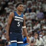 May 26, 2025; Minneapolis, Minnesota, USA;Minnesota Timberwolves guard Anthony Edwards (5) reacts against the Oklahoma City Thunder in the first half during game four of the western conference finals for the 2025 NBA Playoffs at Target Center.