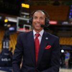 May 27, 2025; Indianapolis, Indiana, USA; Reggie Miller speaks during a broadcast prior to game four of the eastern conference finals between the Indiana Pacers and the New York Knicks for the 2025 NBA Playoffs at Gainbridge Fieldhouse.