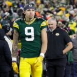Green Bay Packers wide receiver Christian Watson (9) leaves the field in the fourth quarter after getting injured against the New Orleans Saints during their football game Monday, December 23, 2024, at Lambeau Field in Green Bay, Wisconsin