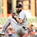 Aug 26, 2025; Baltimore, Maryland, USA; Boston Red Sox pitcher Lucas Giolito (54) delivers a pitch during the first inning against the Baltimore Orioles at Oriole Park at Camden Yards. Mandatory Credit: James A. Pittman-Imagn Images